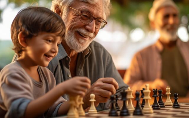 Abuelo jugando ajedrez con su nieto