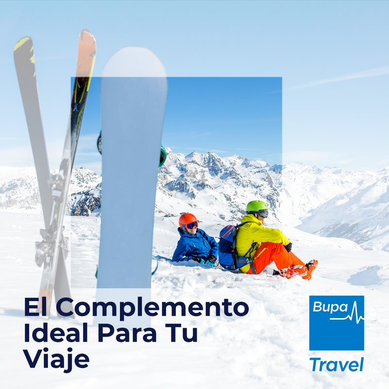 Poster de dos personas esquiando con el texto: "el complemento ideal para tu viaje".