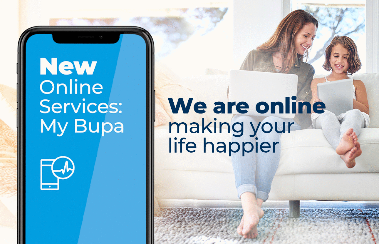 Online services banner for mobile phones. Image contains an adult woman and infant girl smiling while using tablets
