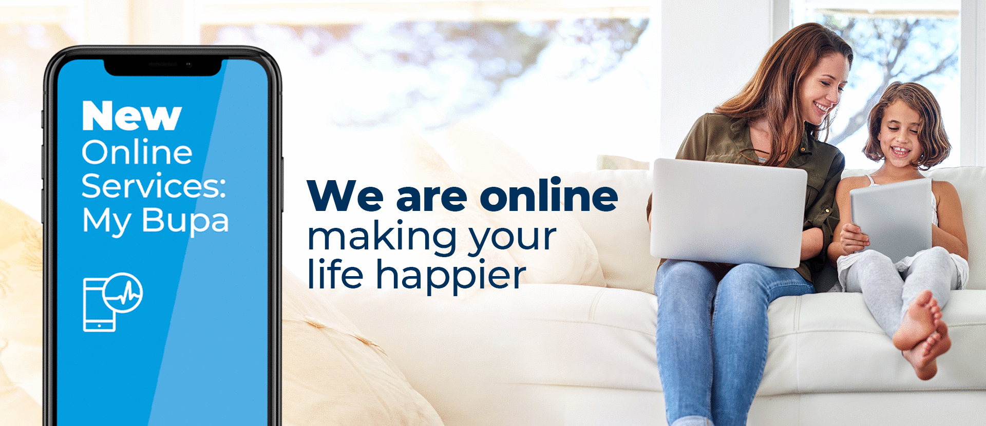 Online services banner for desktop. Image contains an adult woman and infant girl smiling while using tablets