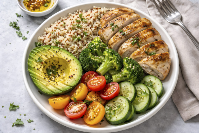 Pechuga de pollo a la plancha con verduras como alimento del menú para la dieta para Helicobacter pylori.