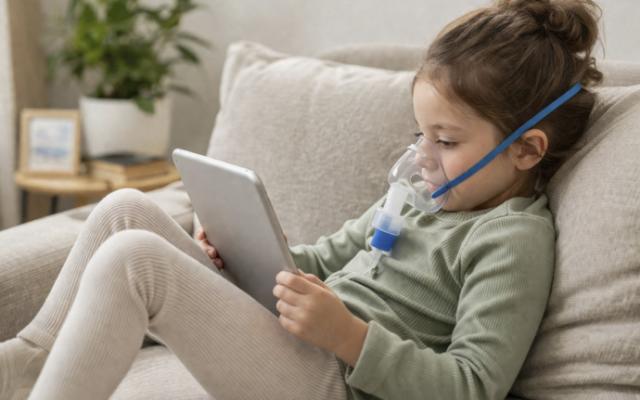 Niña recibiendo tratamiento respiratorio en casa mediante nebulizador dentro de un programa de hospitalización domiciliaria 